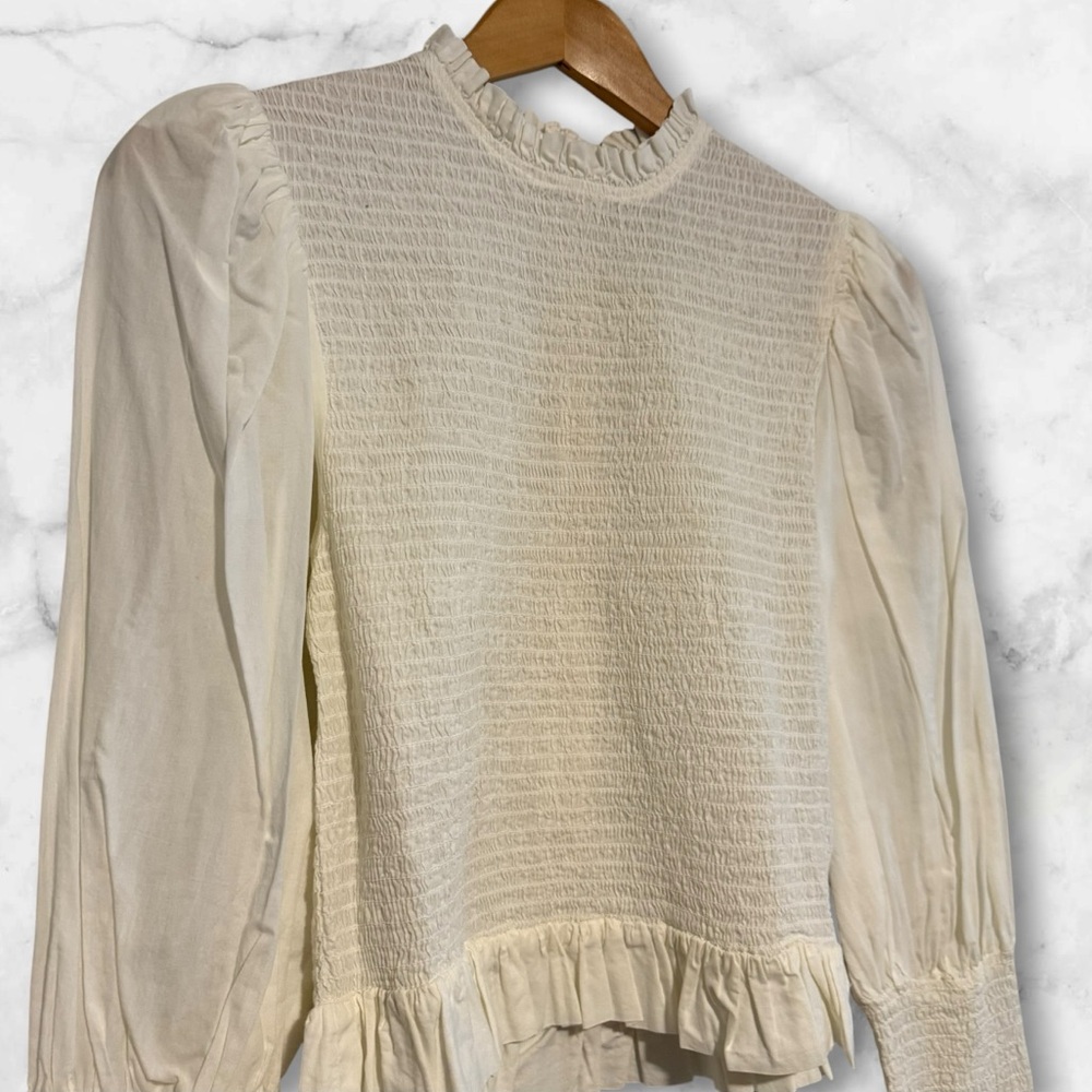 🤍 Farm Rio | Smocked Cotton Ruffle Blouse | Off-White | Size M - Picture 5 of 14